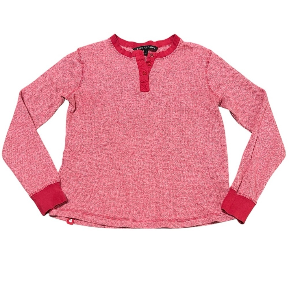 Pact red organic cotton long sleeve waffle knit Henley thermal top